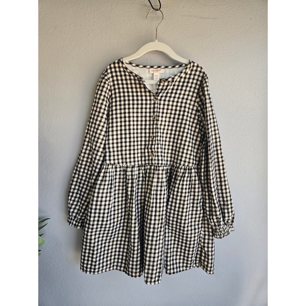 Cat & Jack Girls Black Gold Gingham Plaid Button Front Dress Size M 7/8 Lined